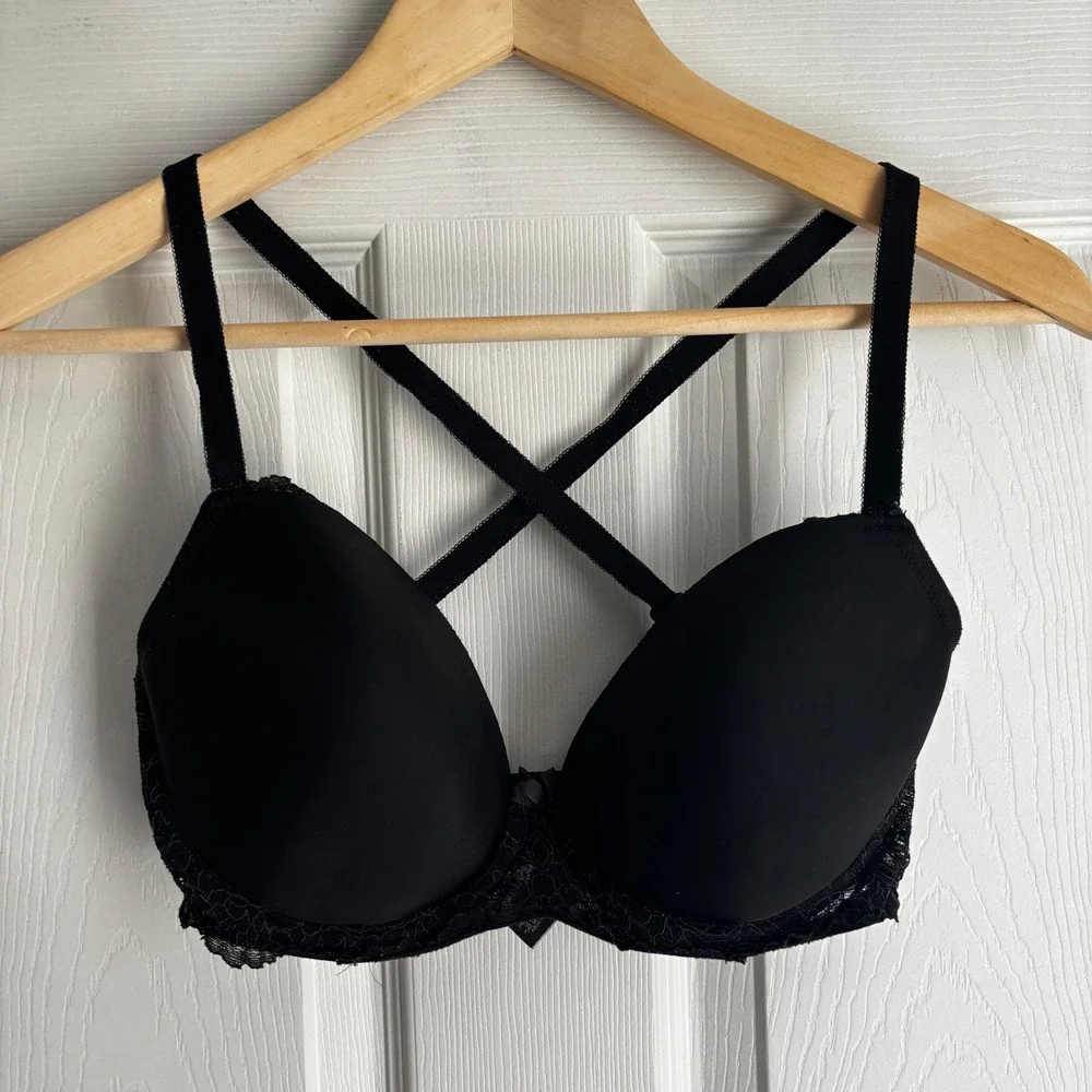 Victoria's Secret Dream Angels Black Lace Lined Demi Bustier Bra 32DDD‎